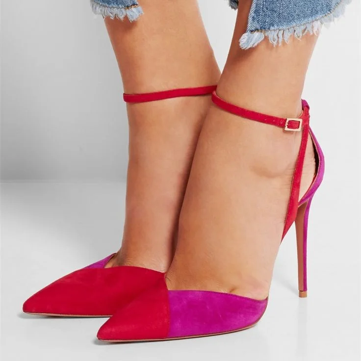 Red & Fuchsia Vegan Suede Stiletto Heels Cut-Out Ankle Strap Pumps |FSJ Shoes