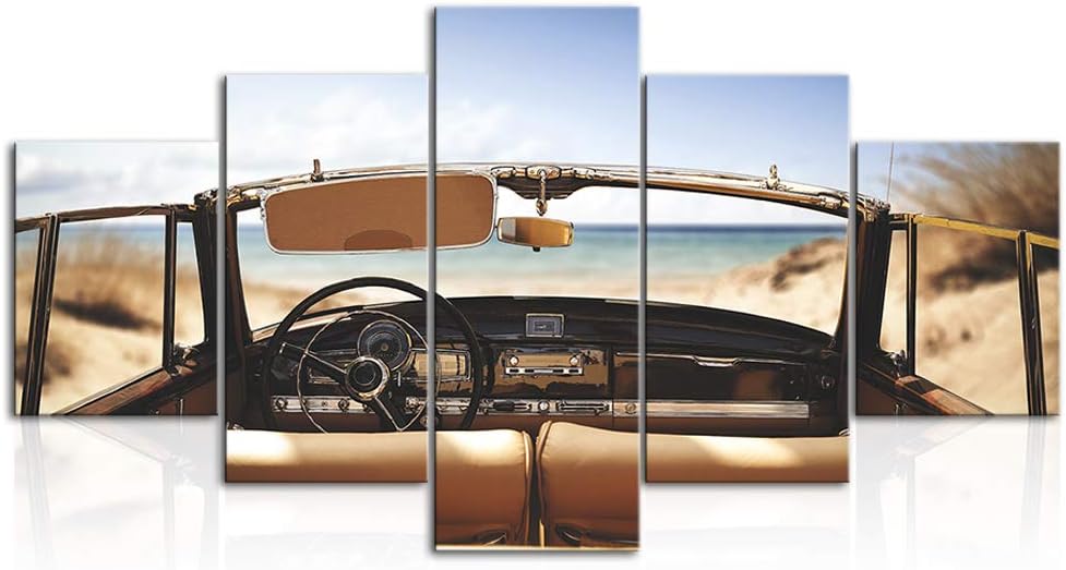 KLVOS 5 Panel Vintage Car Canvas Print Wall Art Retro Car on Beach Summer Landscape Painting Brown American Car Poster Print for Living Room Decor Ready to Hang H-32inch x W-60inch (Vintage Car)