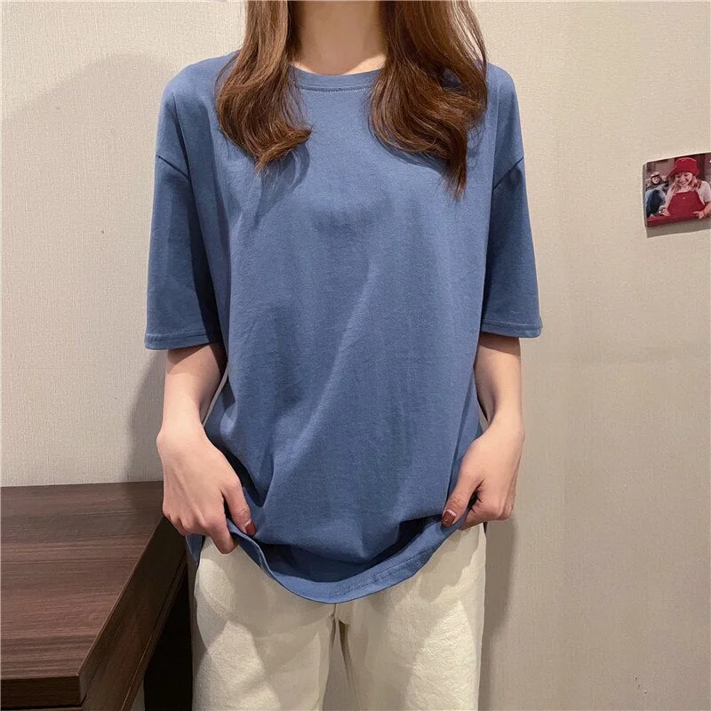 harajuku Solid t-shirts for Women 2022 Summer Casual O-neck Loose T Shirt korean style Short Sleeve girl Soft basic T-shirt Top