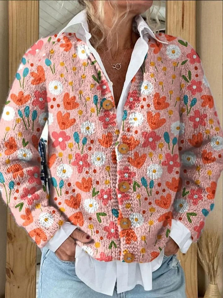 Floral Art Print Buttoned Cardigan Sweater