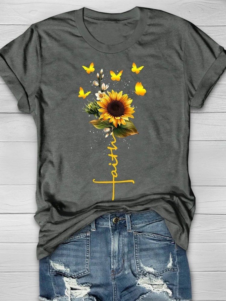Comstylish Sunflower Faith Print Short Sleeve T-shirt