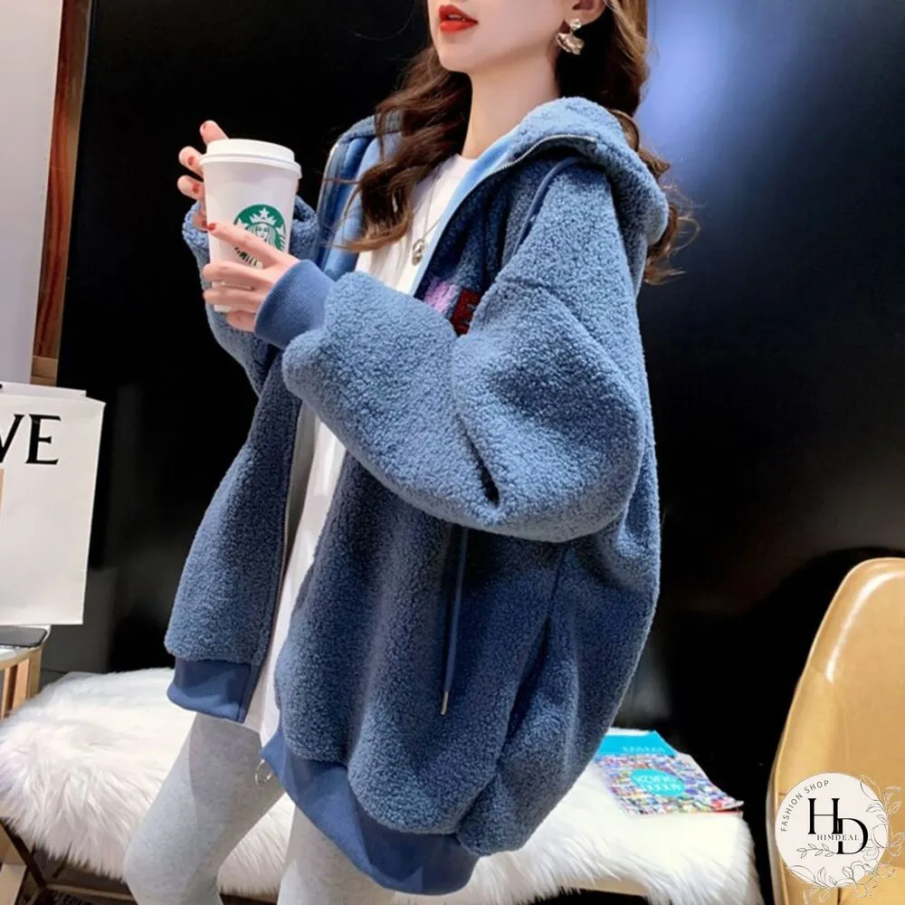 Winter Warm Embroidery Letter Wool Coats With Hood Women Loose Casual Korean Fashion Lady