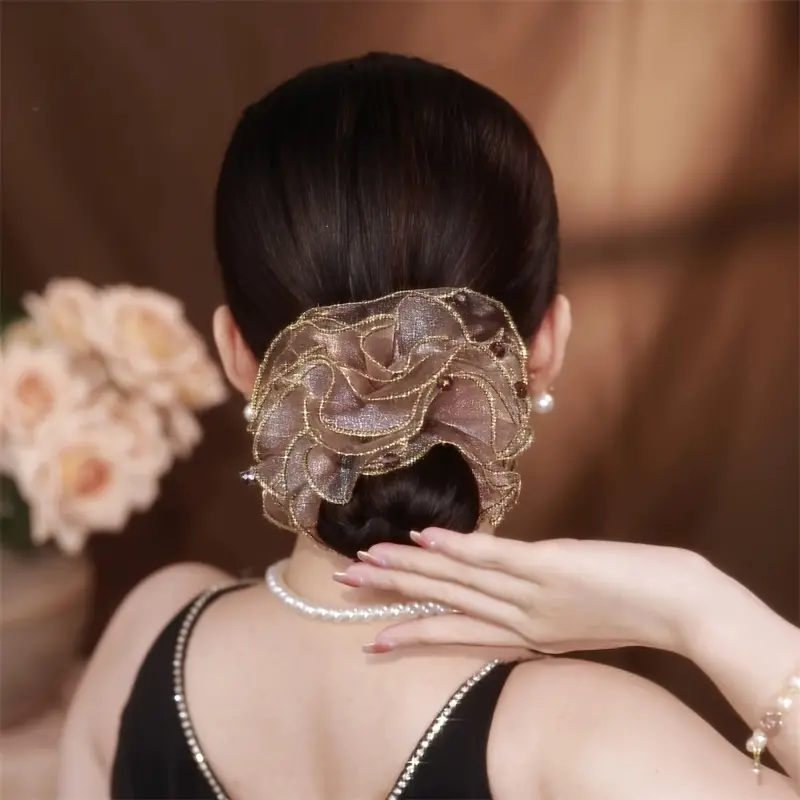elegant beads decorative mesh flower hair loop elastic hair rope vintage hair styling accessories for women and daily use details 2