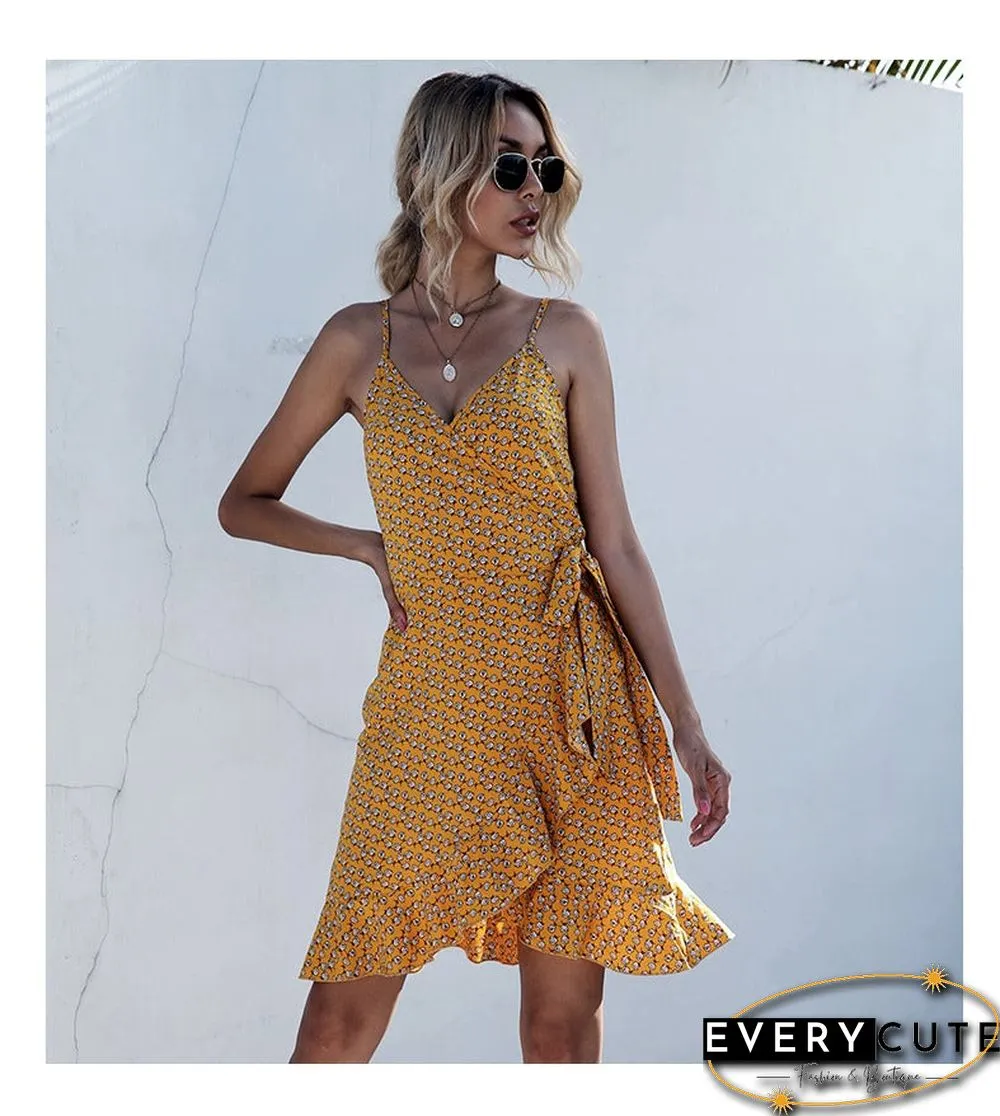 Summer Printing Irregular Ruffled Suspenders Dress Women