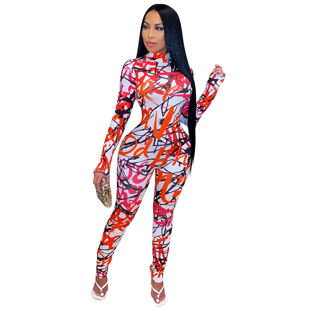 CM.YAYA Active Tie Dye Letter Print Turtleneck Bodycon Jumpsuit for Women Sexy Club One Piece Overall Bodycon Rompers Outfits