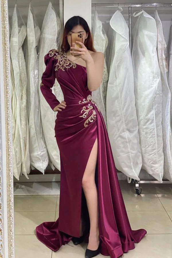 Bellasprom Long Sleeve Evening Dress Mermaid Slit Appliques One Shoulder
