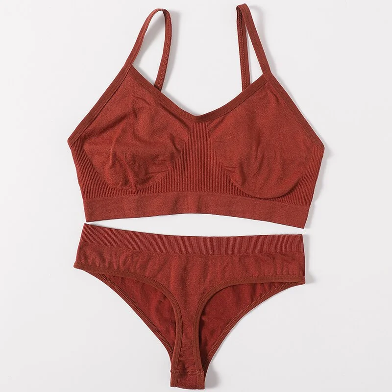 2PCS Women Bra Set Seamless Underwear Sexy Female Bralette Top Backless Bra Thong Panties No-Wired Brassiere Home Lingerie Set