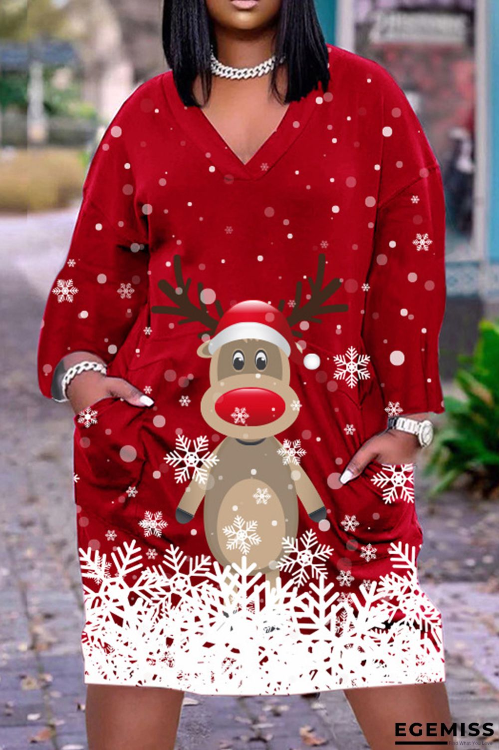 Red White Casual Print Patchwork V Neck Long Sleeve Dresses | EGEMISS