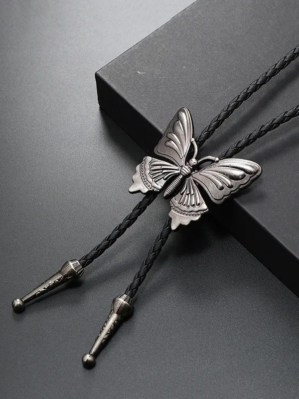 Vintage Embossed Craft Butterfly Buckle Weaved Rope Pendant Necklace