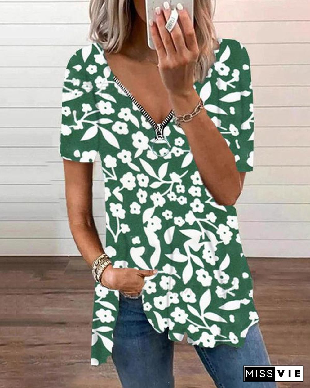 Zipper Flower Print Short Sleeve Tops