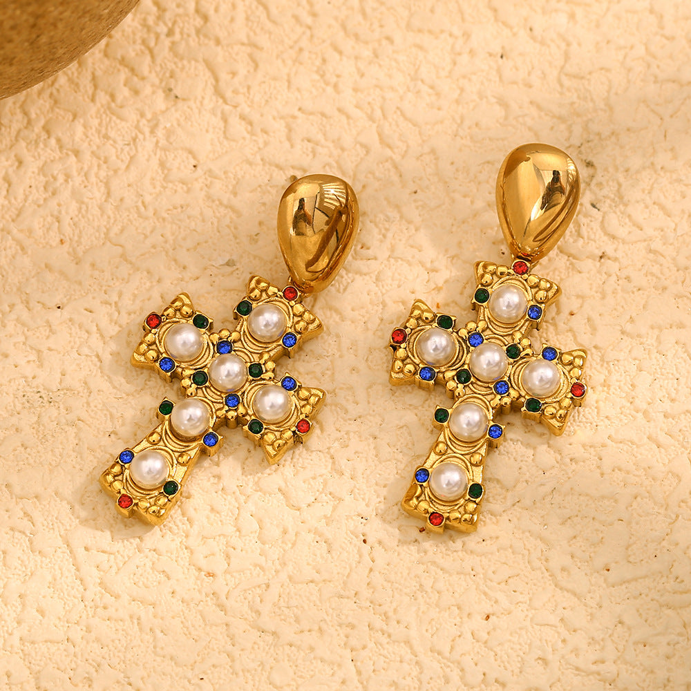 Vintage Earrings Stainless Steel Plated 18K Gold Vintage Diamond Pearl Cross Earrings For Women
