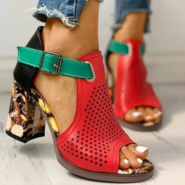 Prettyava Women Colorblock Hollow Out Chunky Heeled Sandals