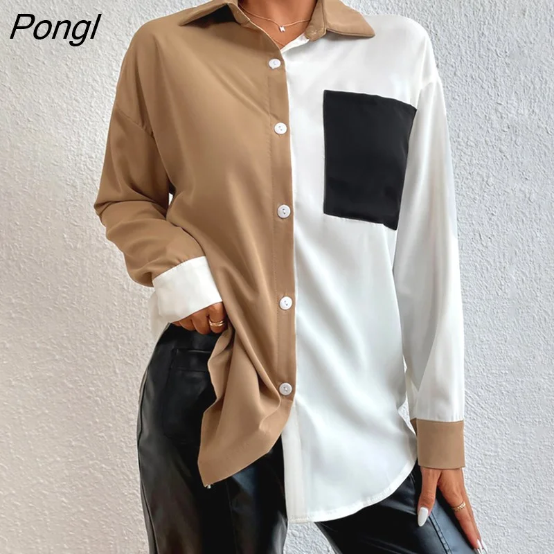 Pongl Color Patchwork Pockets Chiffon Shirt Long Sleeve Turn Down Collar Loose Blouses Casual Fashion All Match Women Clothes