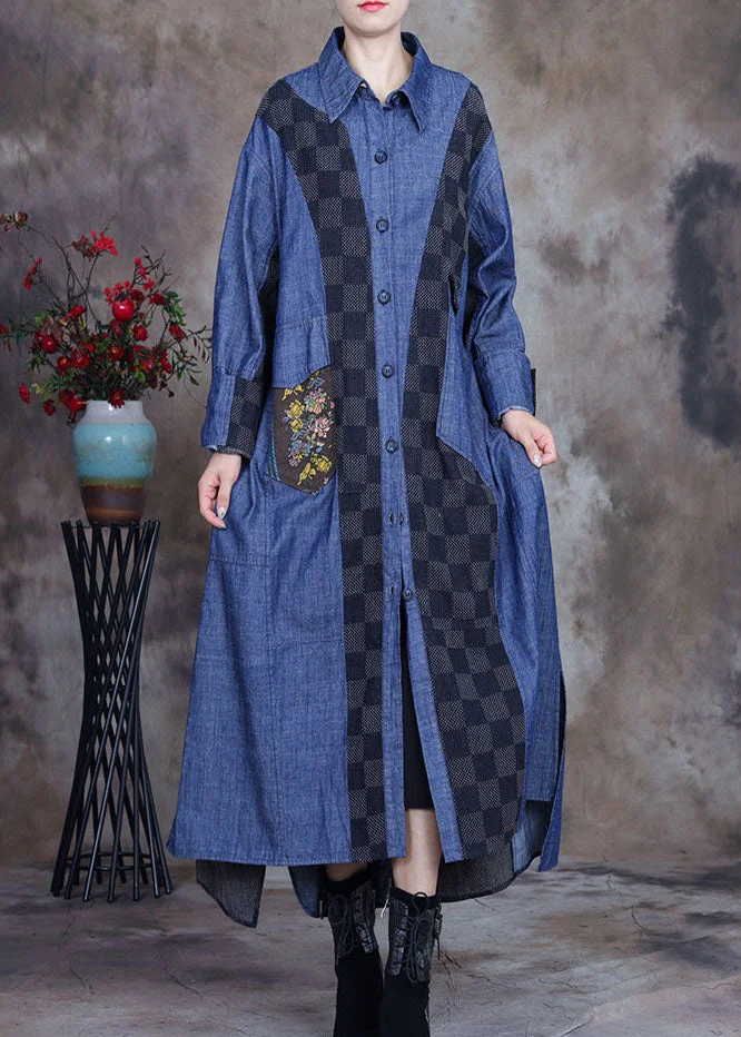 Plus Size denim blue Patchwork Plaid asymmetrical design Fall Coats