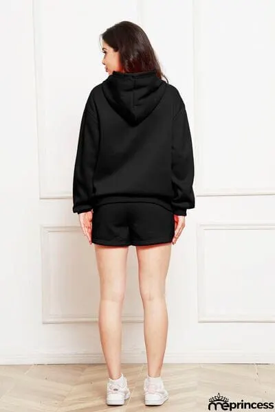 Drop Shoulder Long Sleeve Hoodie and Shorts Set