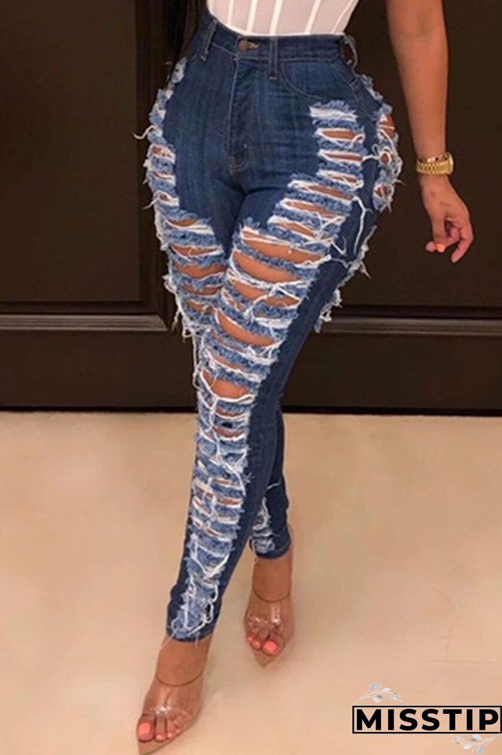 Dark Blue Denim Button Fly Sleeveless High Hole Solid Patchwork pencil Pants Pants