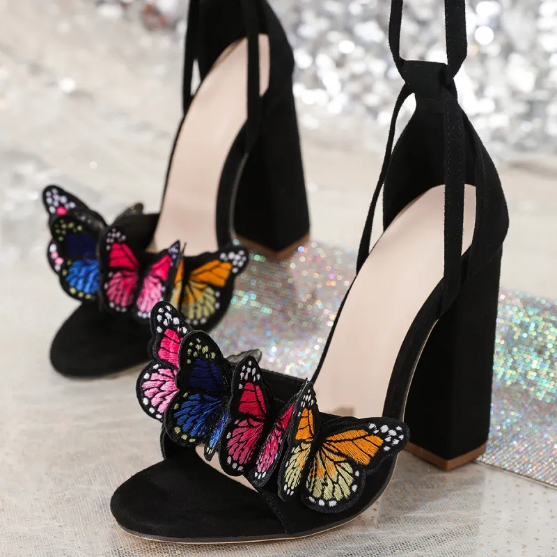 Yyvonne Heels Embroidered Three-Dimensional Velvet Bow Sandals Straps Thick Heel Sexy High Heel Women's Sandals