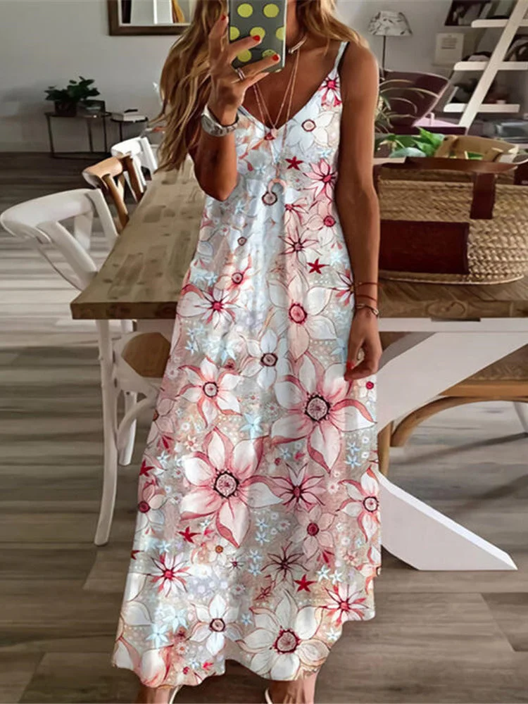 Women's Floral Printed V-neck Sling Maxi Dress