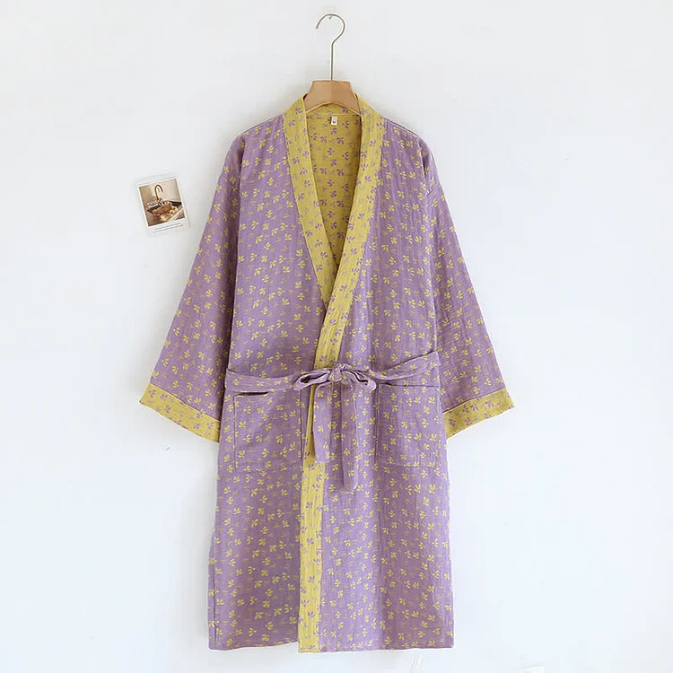 Jacquard Floral Cotton Gauze Kimono Bathrobe Radinnoo.com