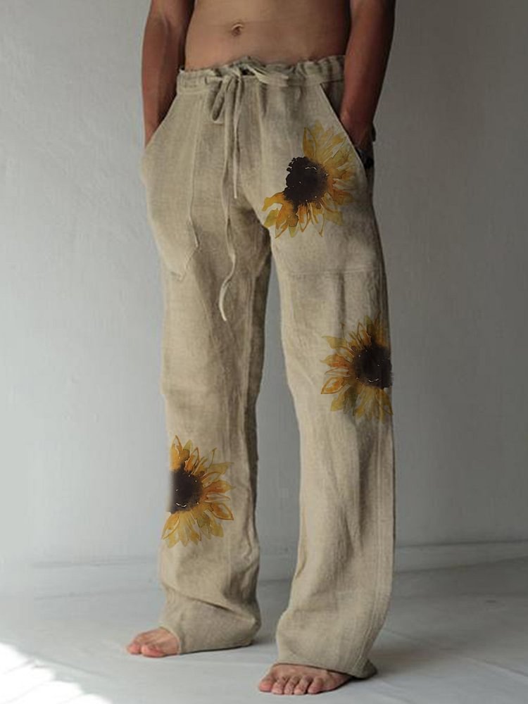 Men's sunflower print casual cotton trousers