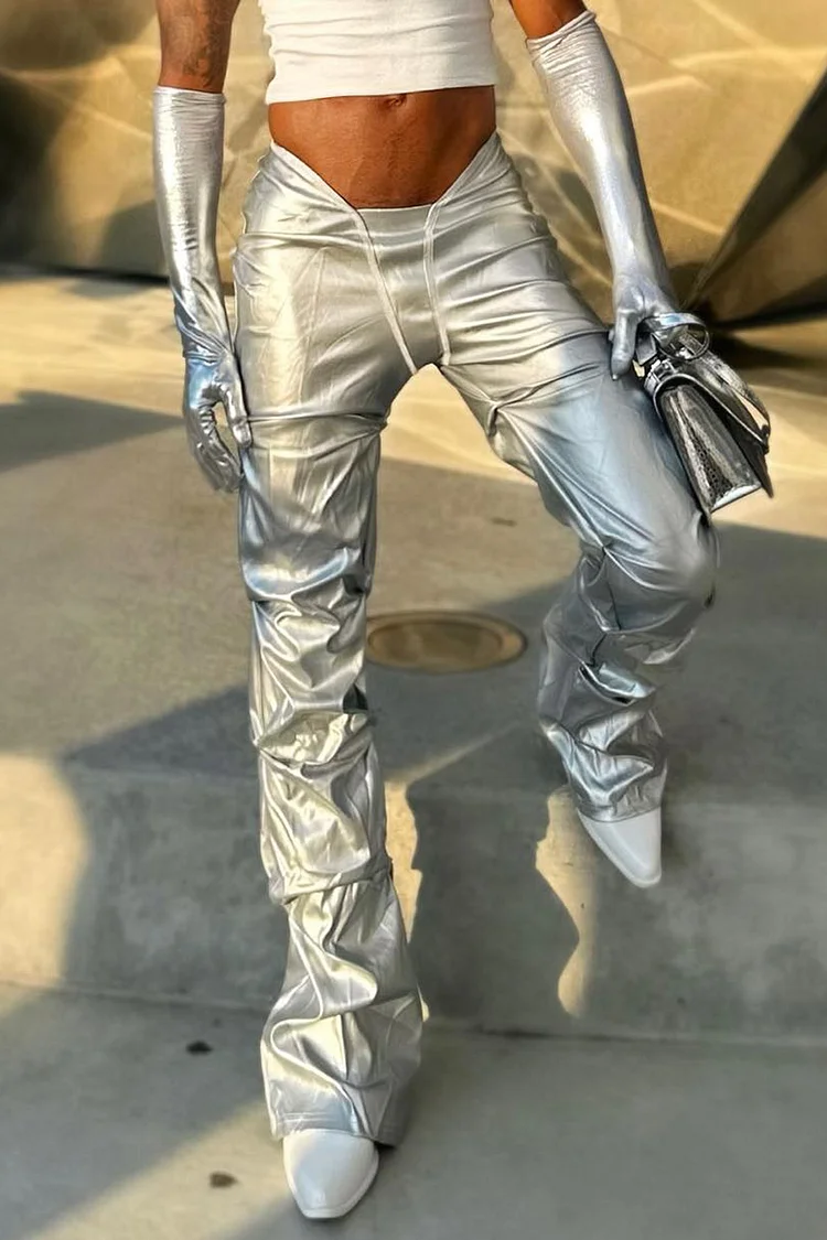 Metallic Fold Slim Fit Silver Pants [Pre-Order]