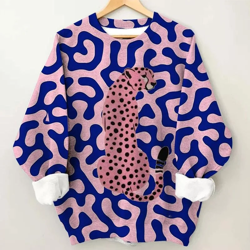 Cheetah Print Round Neck Long Sleeve Sweatshirt