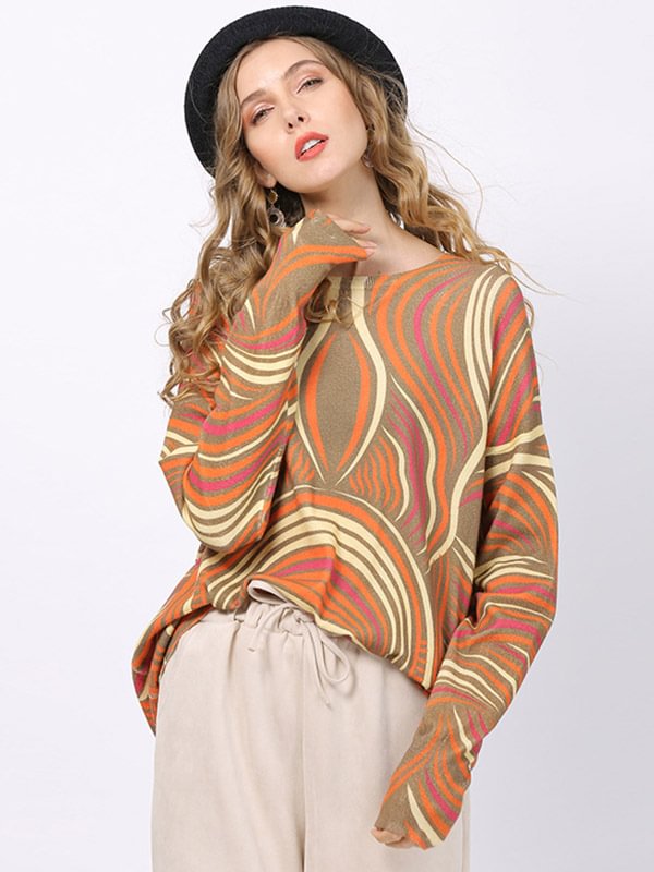 Vintage Colorful Printed Batwing Sleeves Pullover