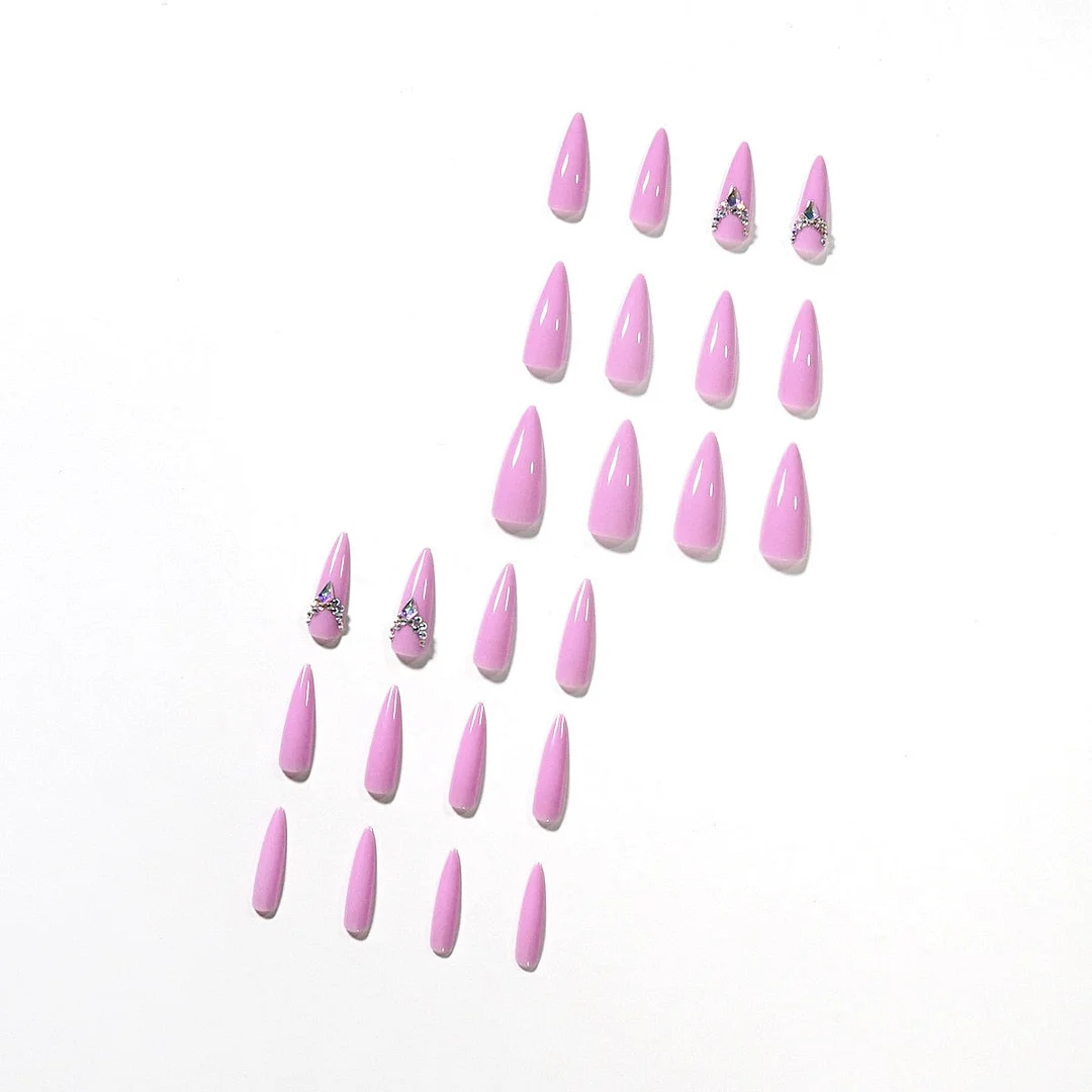24pcs Pointed Pink Long Ballet Rhinestones Fake Nails Full cover Fake Nails Glue DIY Manicure Nail Art Tools-Nail Inspo