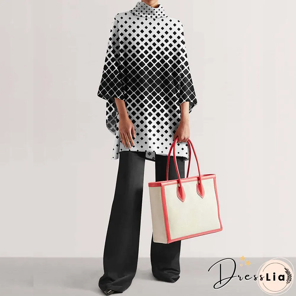 Autumn Women Elegant Printed Loose Outfits Fashion Turtleneck Tops And Long Pants Suits Winter Casual Half Sleeve Two Piece Sets