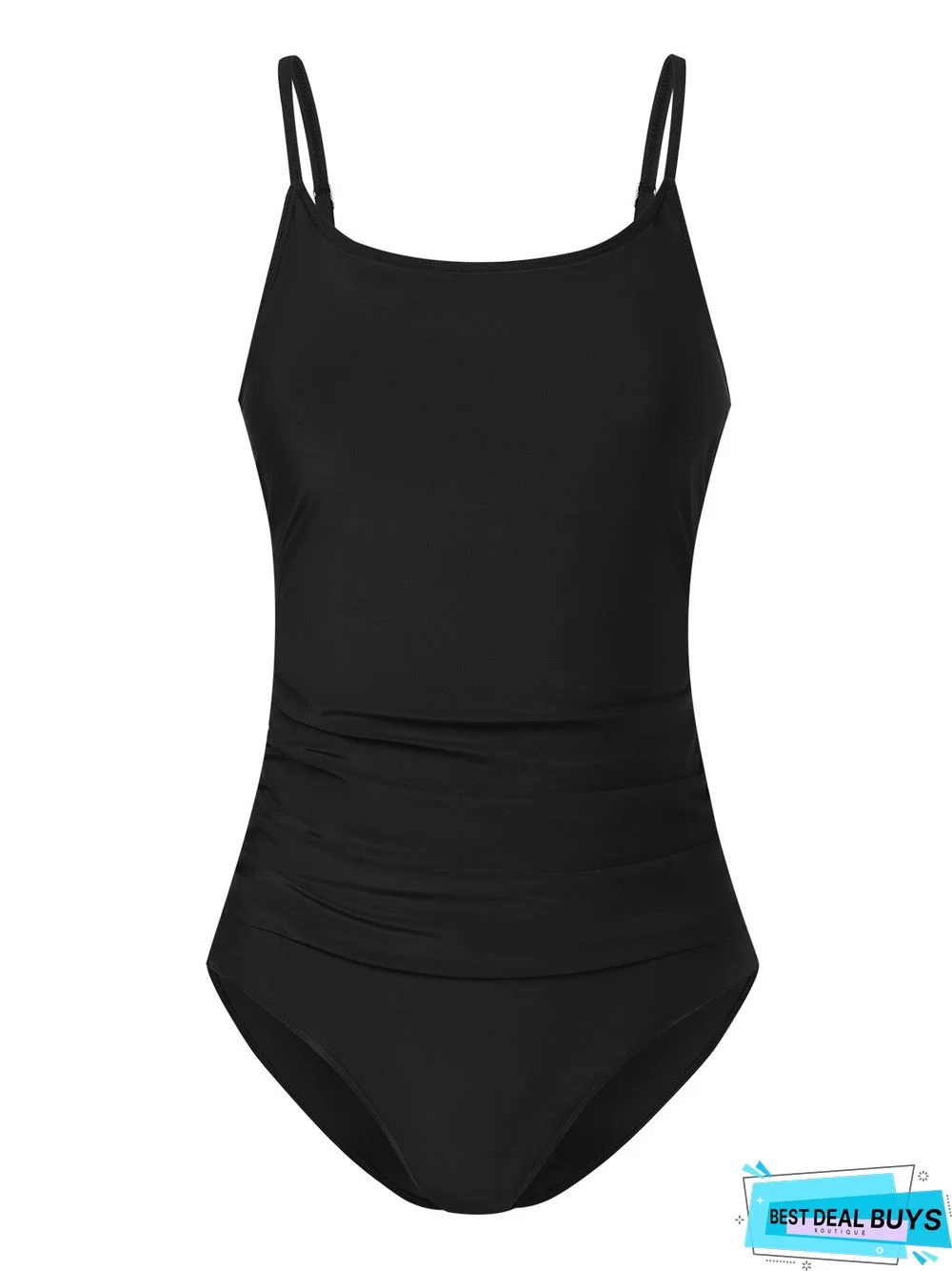 Simple Plain Gathered Scoop Neck One Piece Swimsuit