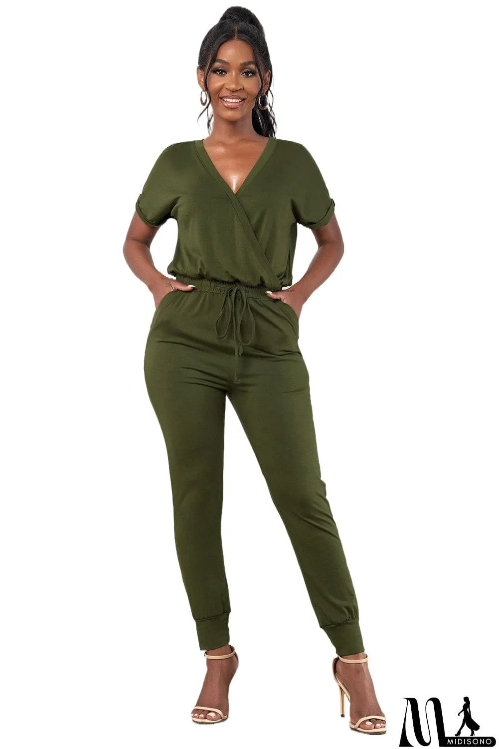 MidiSono - Casual Army Green V Neck Wrap Front Jumpsuits