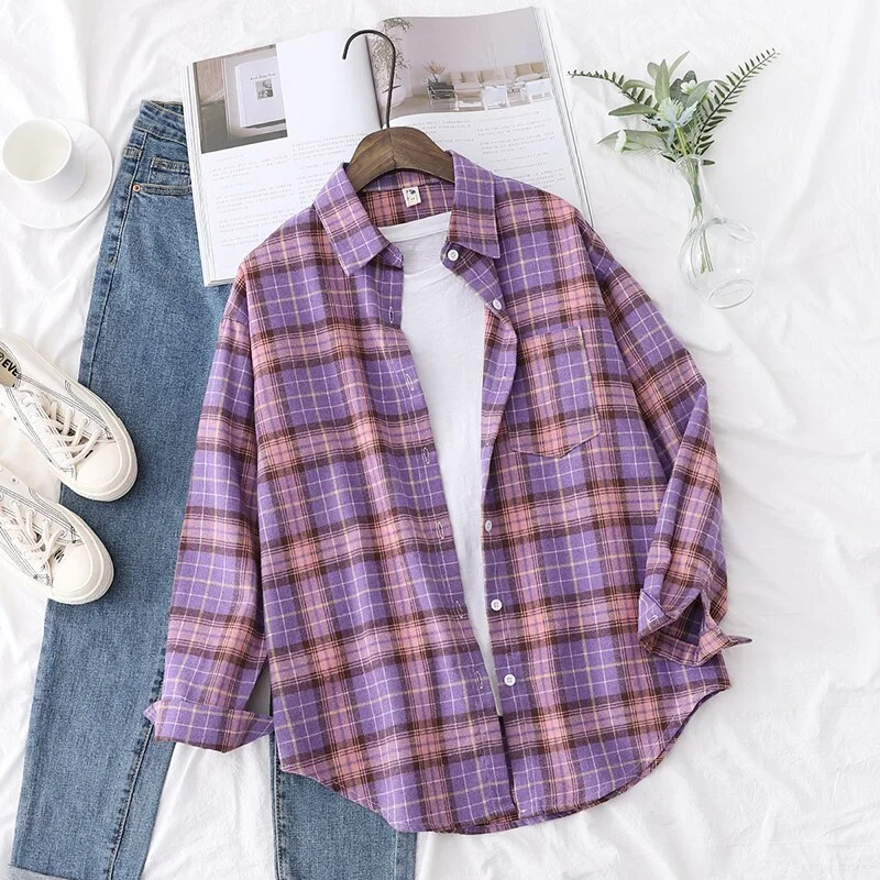 2021 New Long Sleeve Loose Casual Womens Plaid Shirt Fine Fresh College Style Design Blouses And Tops Female Checked Clothes