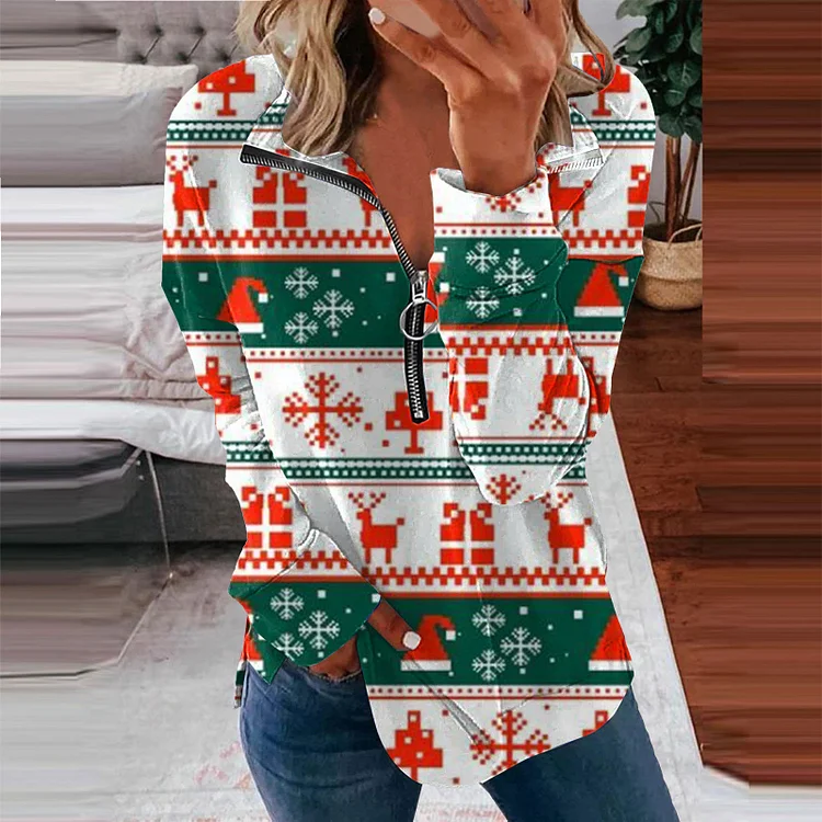 Wearshes Christmas Ethnic Print V-Neck Zipper Casual Sweatershirt