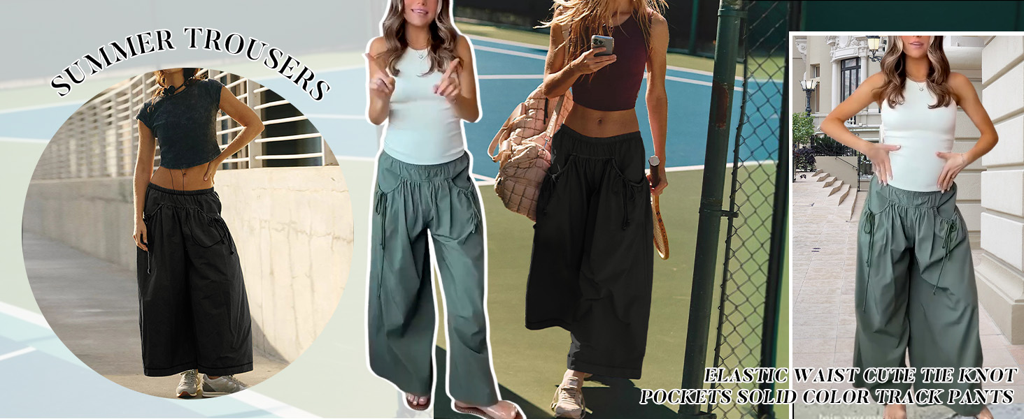Elastic waist track pants in green, pink, and black, featuring model on tennis court and close-up of elastic waistband and drawstring.
