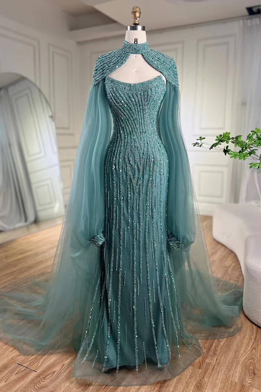 Dresseswow Detachable Ruffle Sleeves Mermaid Ball Dresses With Beadings Online High Neck