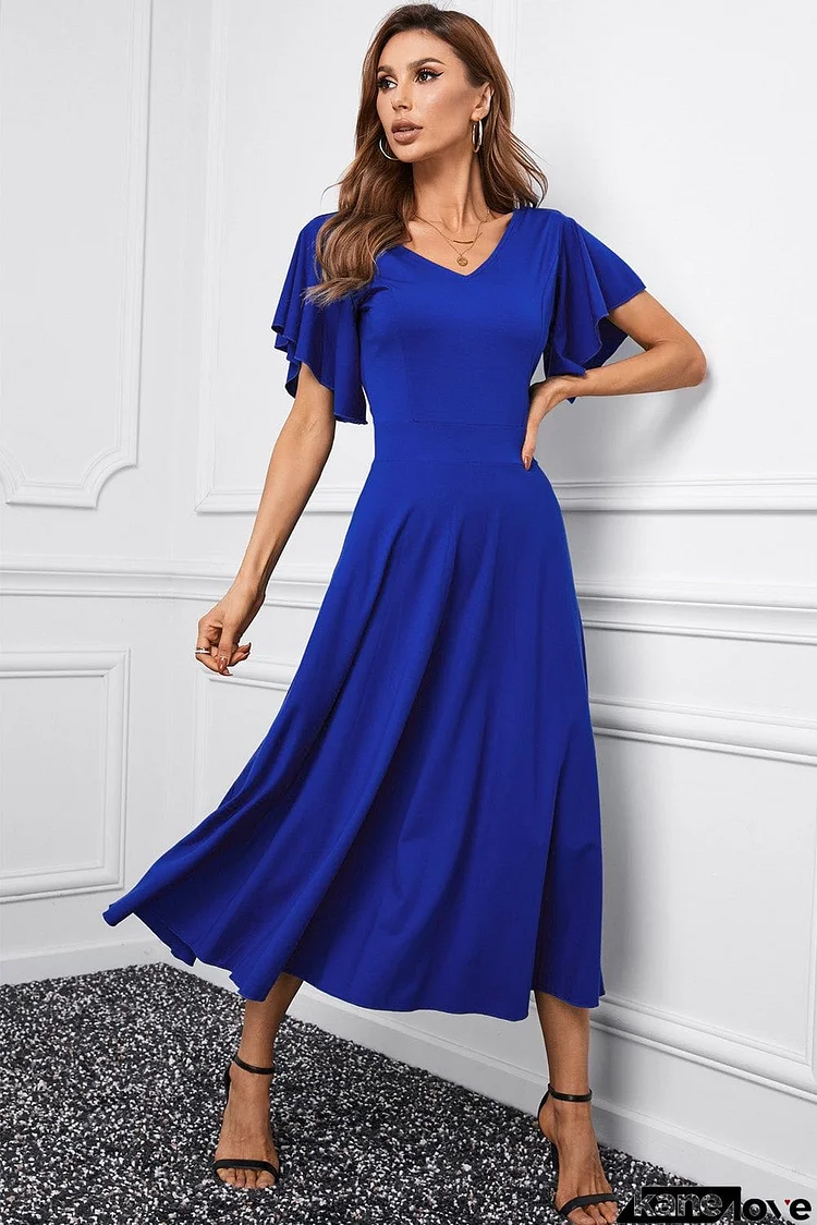 V Neck Ruffled Sleeves Flare Long Dress