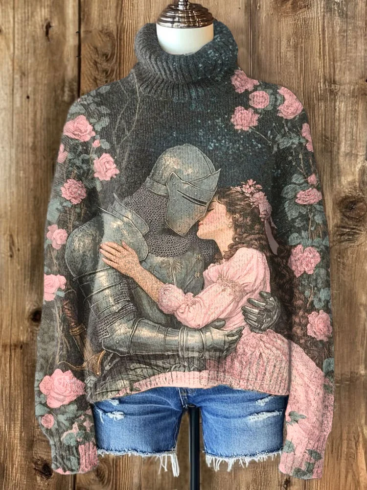 Women's Warrior And Beauty Girl Flowers Print High Neck Knit Sweatshirt
