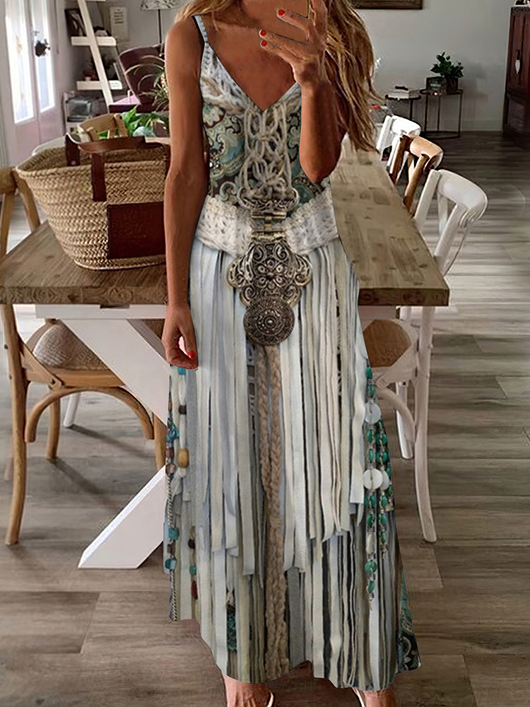 Comstylish Vintage Ethnic Western Fringe Print Casual Maxi Dress