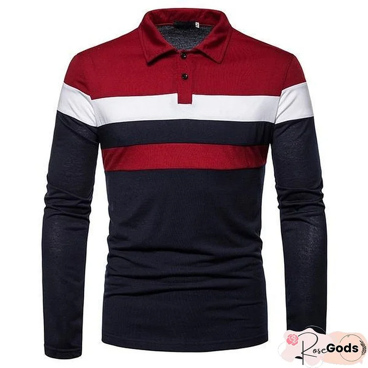 Fashion Men Lapel Long Sleeve Tri-Color Striped Stitching Shirts