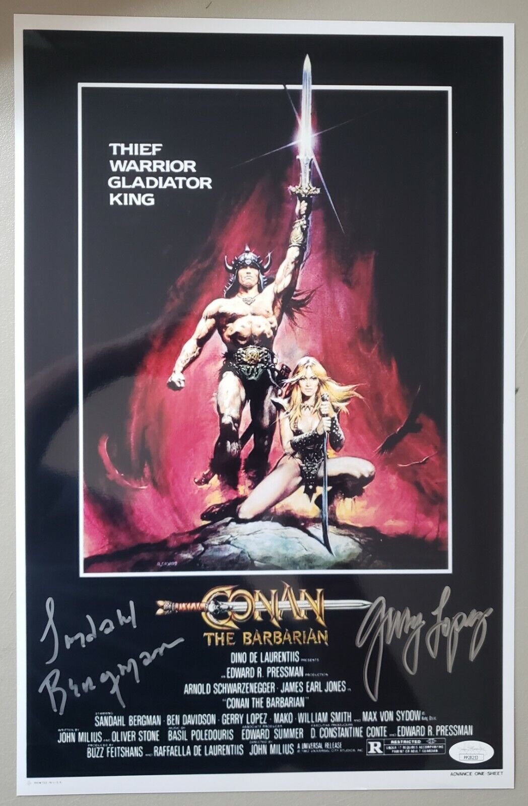 Gerry Lopez & Sandahl Bergman Conan the Barbarian 11x17 Poster Autographs. JSA