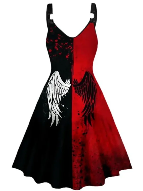 Gothic Dark High-rise Sleeveless Printed Street Demon Pattern Plunging Neck Spaghetti Polyester Mini Dress