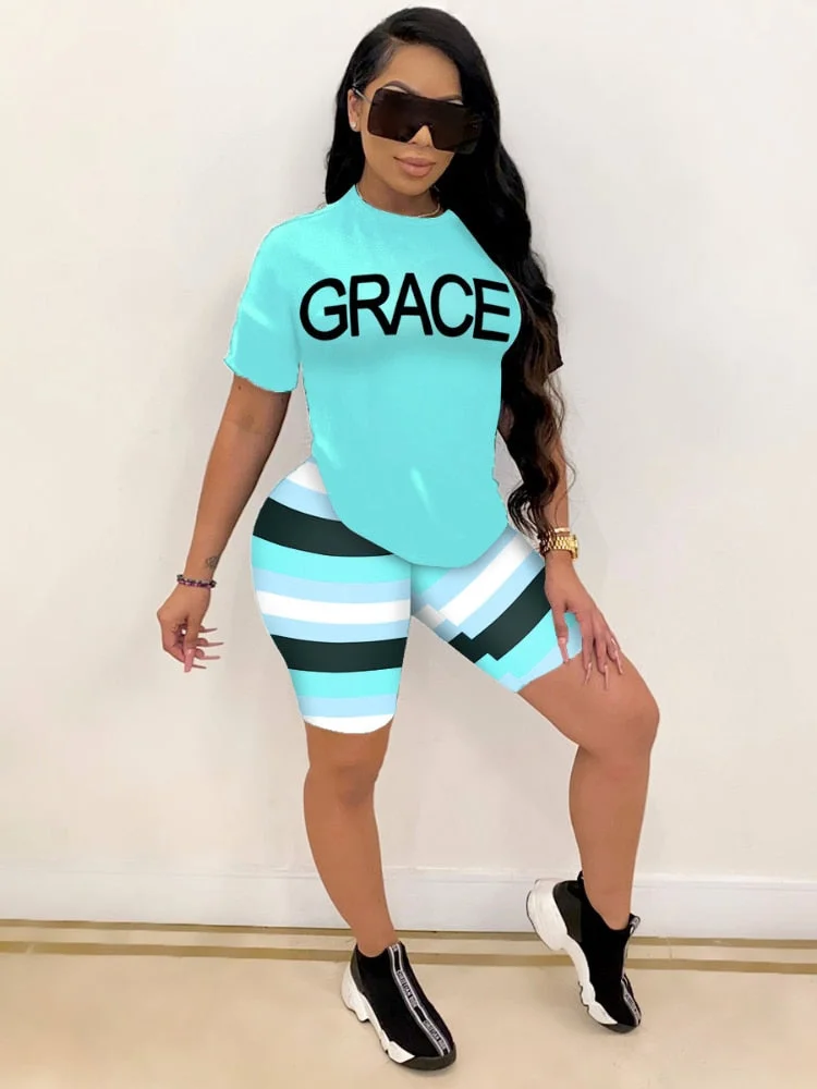 CM.YAYA Women Set Letter Print Short Sleeve O-neck Tops Striped Shorts Two 2 Piece Sets Active Tracksuit Summer Outfits 2021
