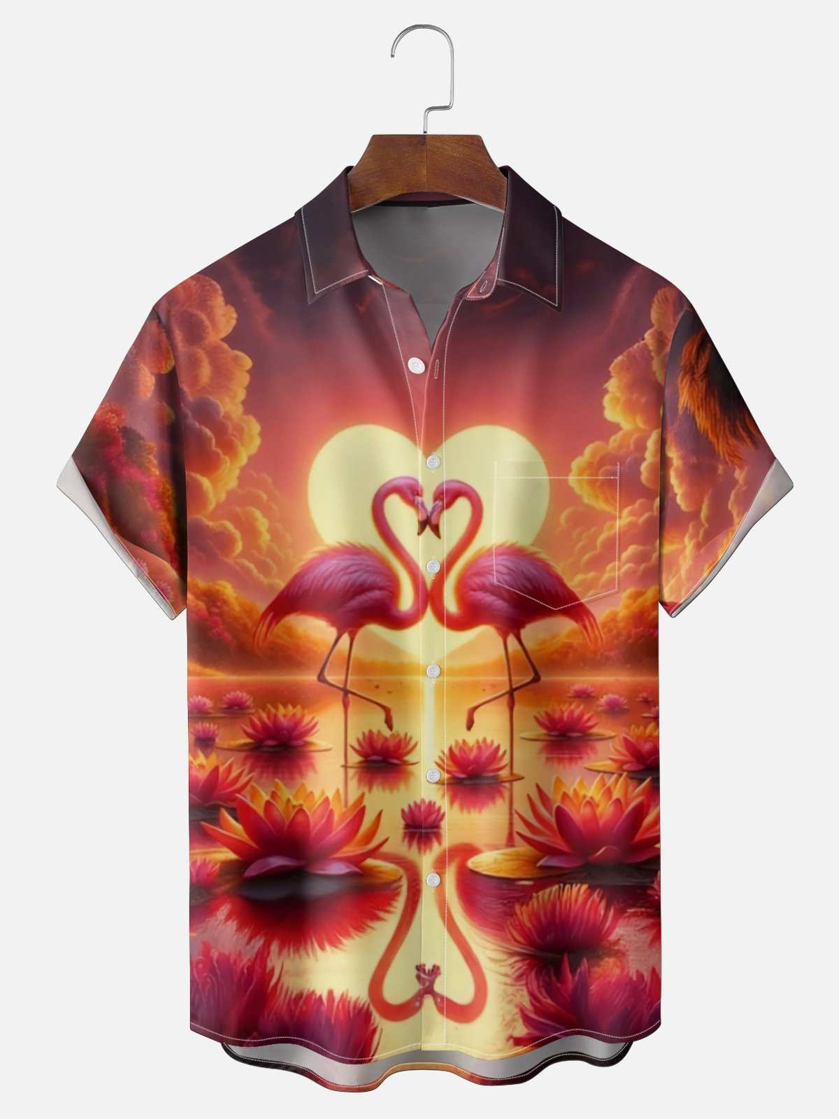 Moisture Wickin Valentine's Day Heart Flamingo Chest Pocket Holiday Hawaiian Shirt PLUSCLOTHESMAN