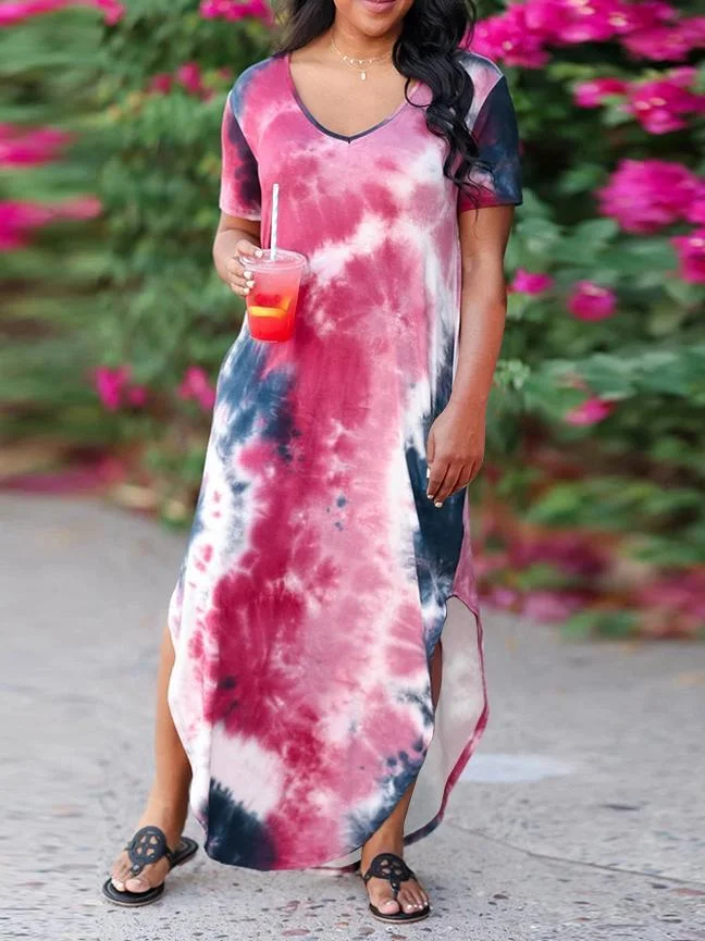 Women Half Sleeve V-neck Solid Color Dress