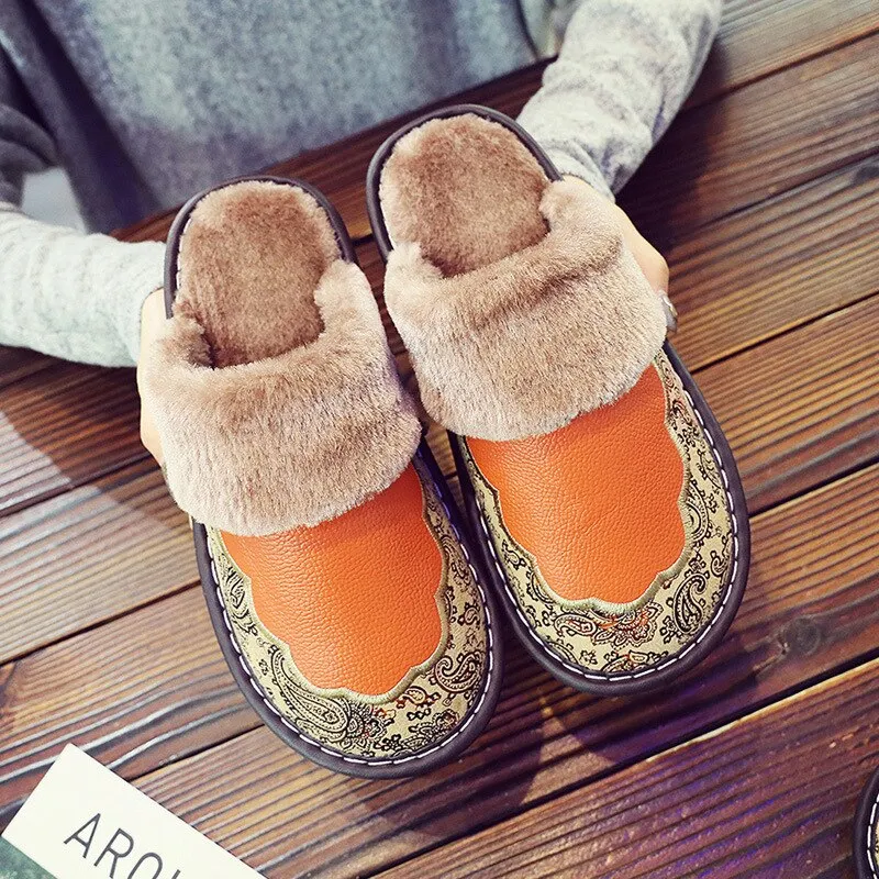Waterproof Home Slippers Women Men Winter Warm Flat House Shoes Man Soft Comfort Female Shoes Leather Indoor Slippers