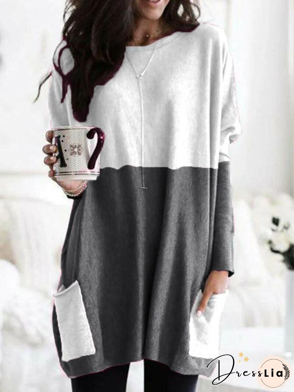 Hot Sale New Fashion Stitching Pocket Mid-length Loose Long-sleeved T-shirt Women