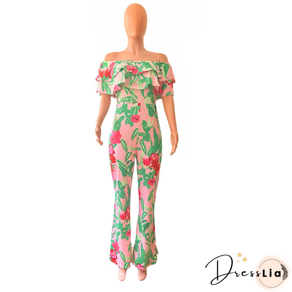 Sexy Off Shoulder Ruffles Floral Printed Wide-legs Jumpsuit