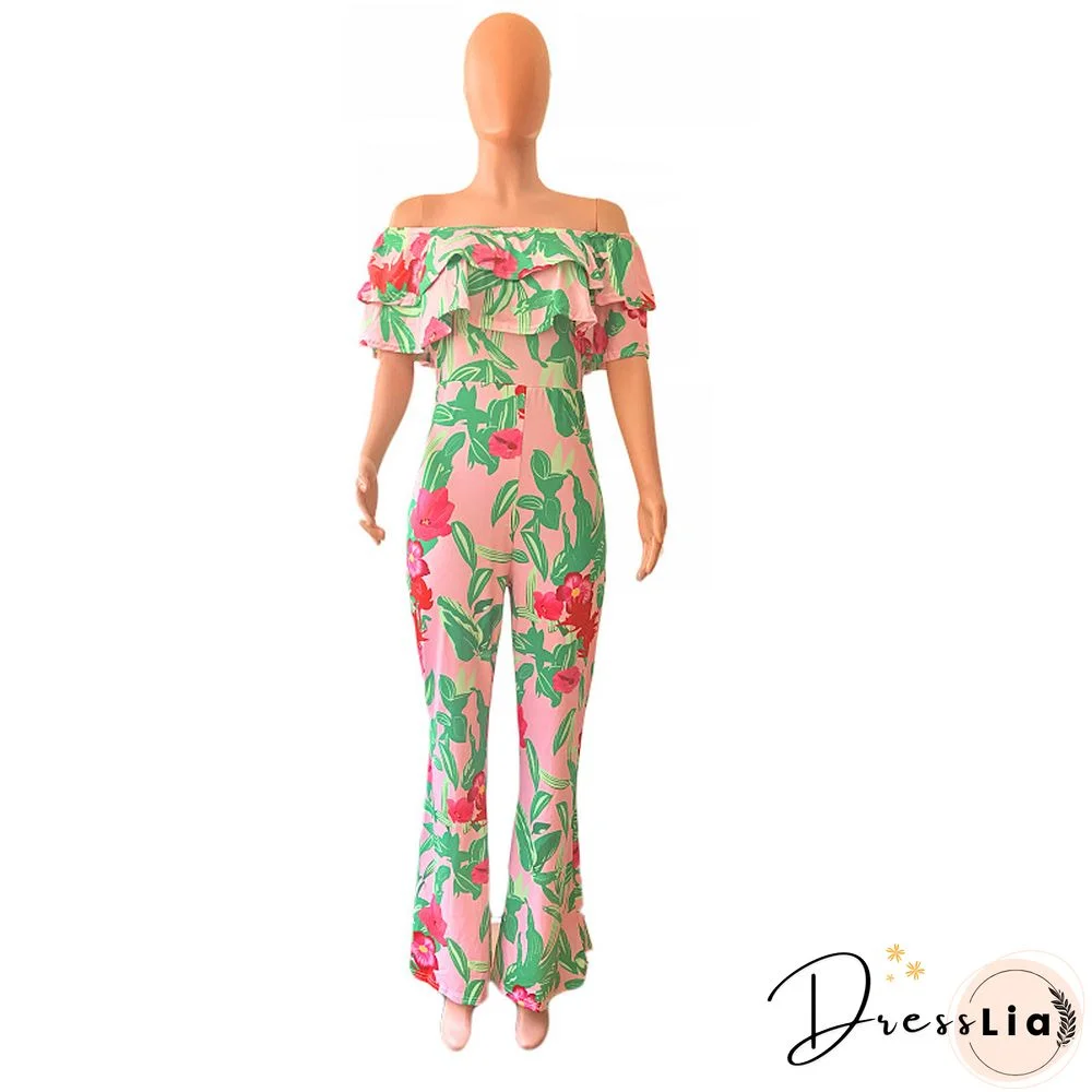 Sexy Off Shoulder Ruffles Floral Printed Wide-legs Jumpsuit