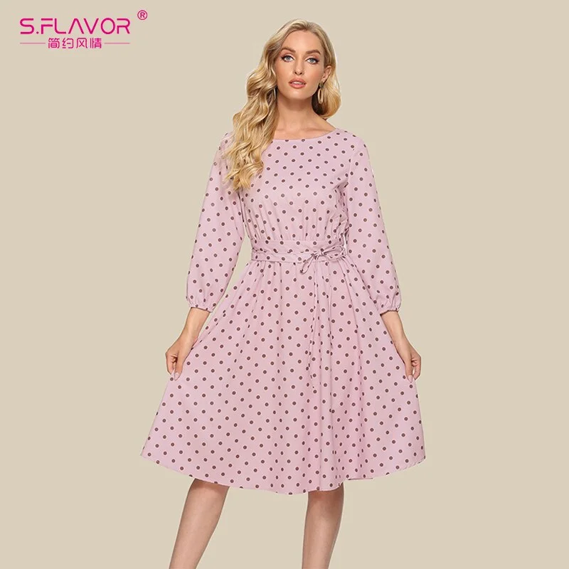 Jangj S.FLAVOR Women Polka Dot Print Casual Dress 3/4 Sleeve O Neck A Line Party Vestidos For Female New Fashion Autumn Dresses