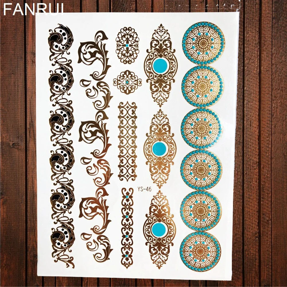 Golden Metallic Bracelet Temporary Tattoo Henna Mandala Flower Girl Tattoo Stickers Indian Chain Women Arm Flash Fake Tatoos Leg